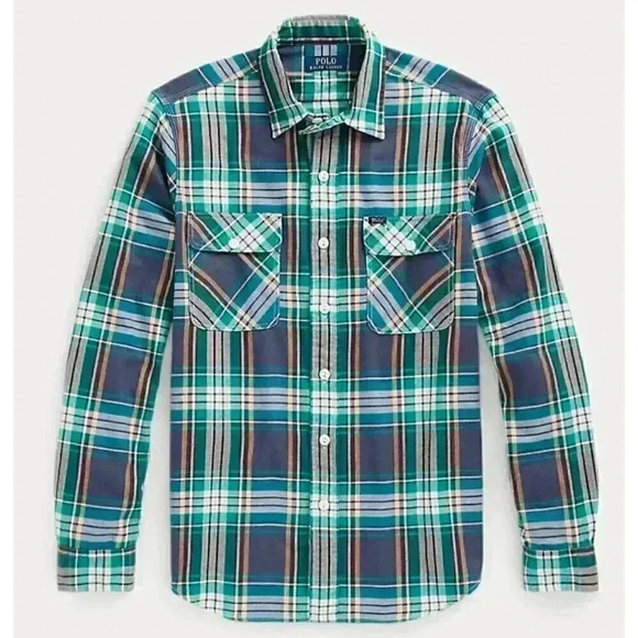 Polo Ralph Lauren Mens Workshirt SMALL Blue/Green Plaid Classic Fit Cotton Twill - Picture 1 of 10